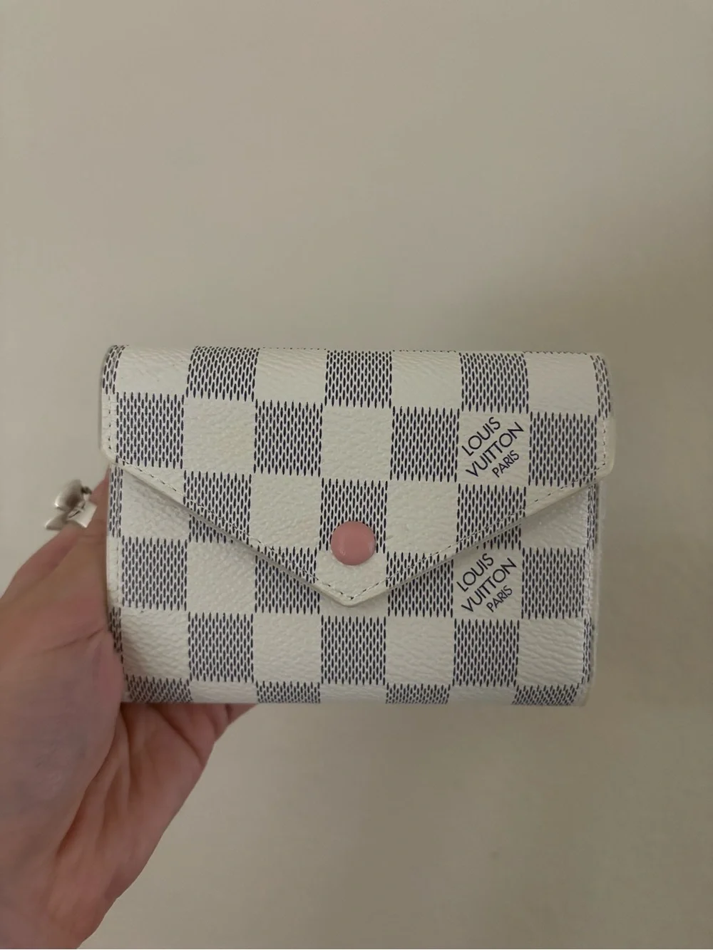 Louis Vuitton White Damier Azur Wallet with Pink Button and pink interior
